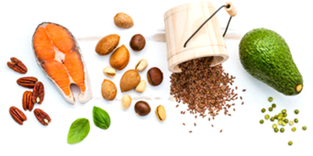 Various natural ingredients including salmon, nuts, seeds, avocado, and herbs displayed together.